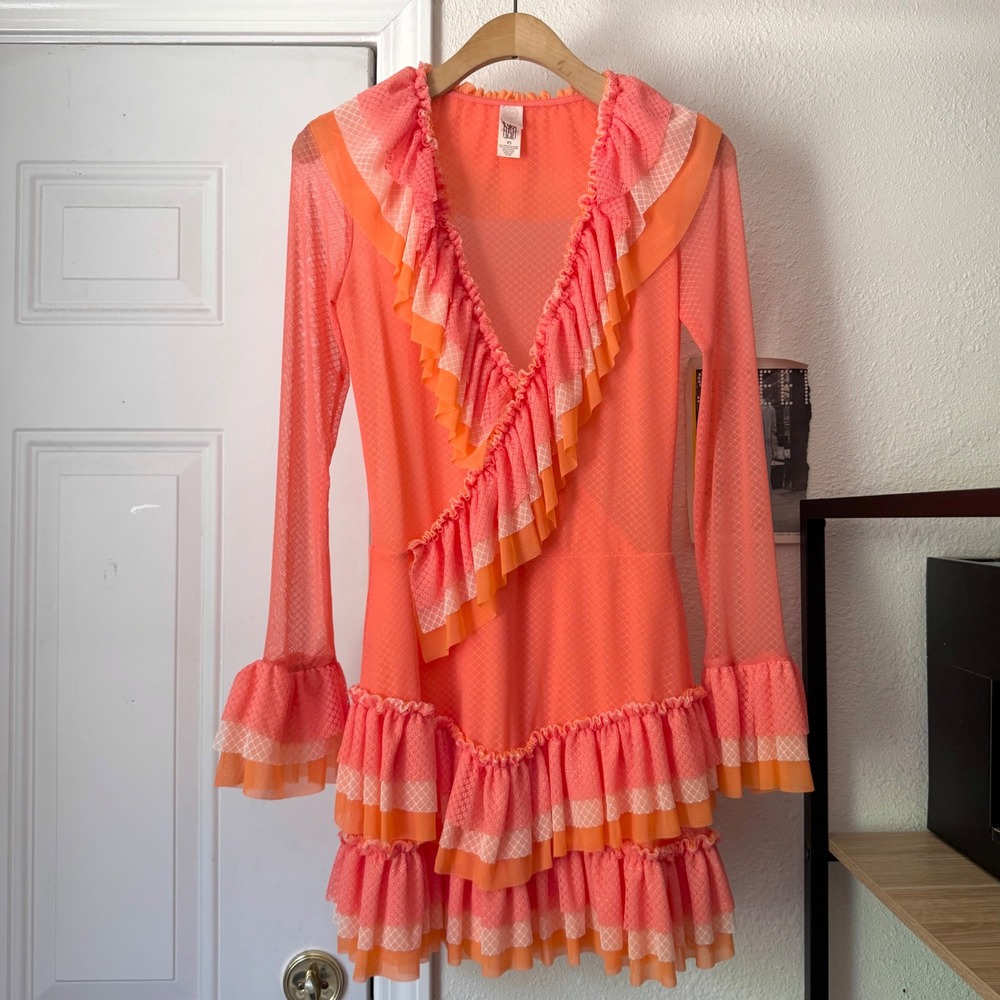 WE ARE HAH pink peach tangerine mesh knit sheer ruffle long sleeve mini dress